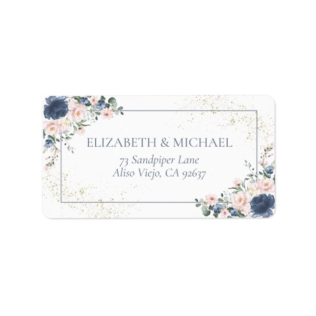 Étiquette Blush Gold Floral Blue Light Dusty Adresse (Devant)