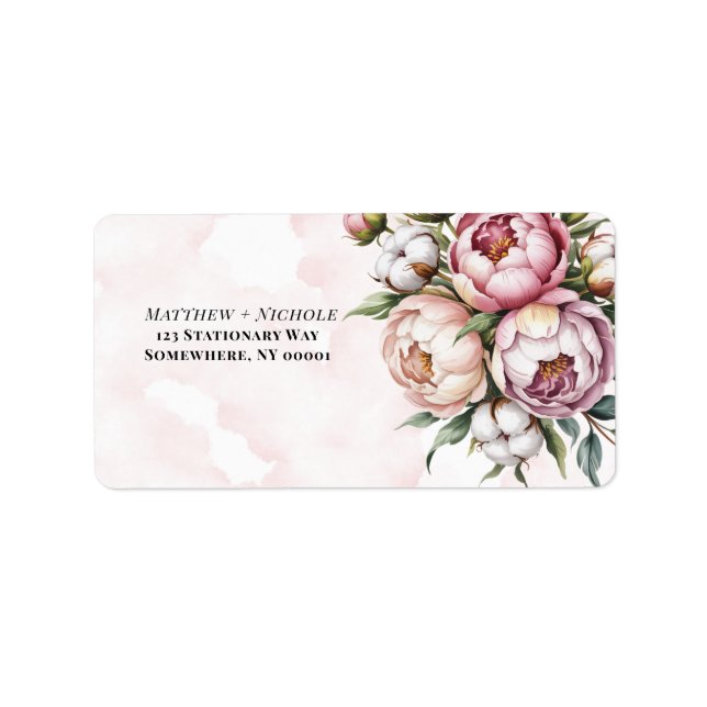 Étiquette Blush Pink Peony and Cotton Wedding Address (Devant)