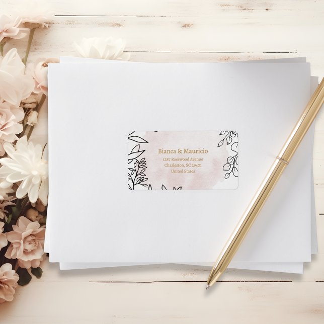 Étiquette Blush Watercolor & Black Floral Elegant Address (Blush Watercolor & Black Floral Elegant Address Label)
