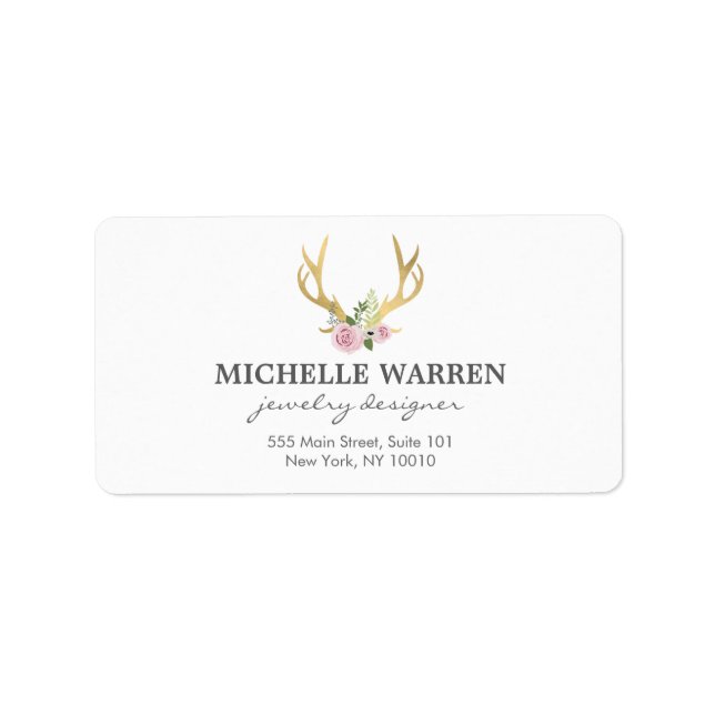 Étiquette Bohème Antlers en or avec Fleurs (Devant)