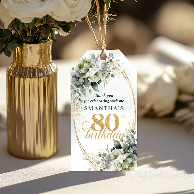 Étiquette Boho 80e anniversaire Eucalyptus vert po (Boho 80th Birthday Dusty Green Eucalyptus Tag)