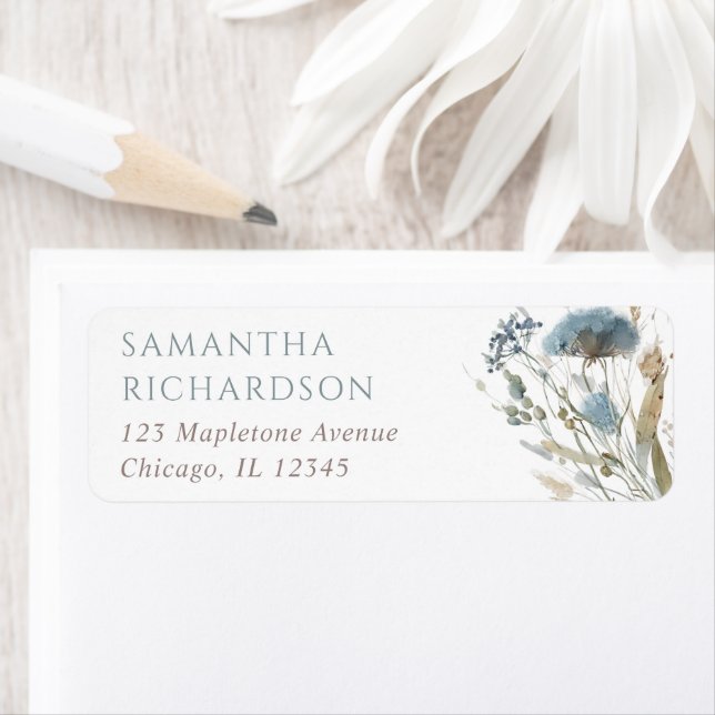 Étiquette Boho bleu poussiéreux beige marron fleurs sauvages (En situation)