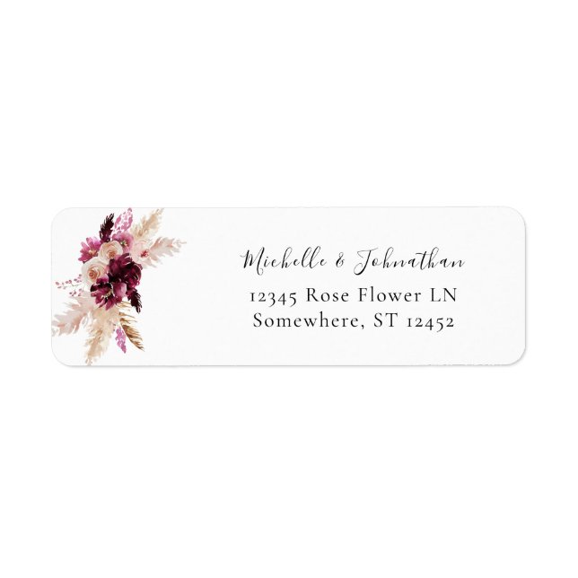 Étiquette Boho Bourgogne & Rose Floral Pampas Adresse de Ret (Devant)