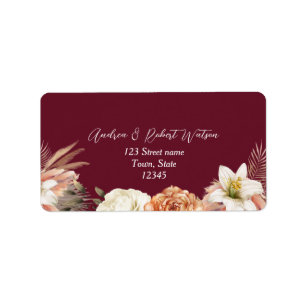 Étiquette Boho Burgundy Floral Mariage Adresse de retour