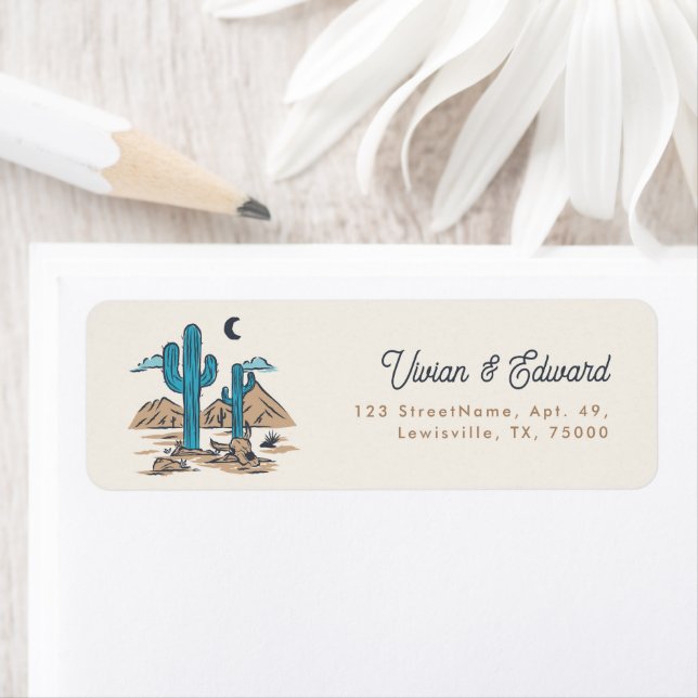 Étiquette Boho Desert Cactus Arizona Wedding Return Address (En situation)