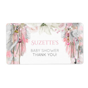 Étiquette Boho Dream Catcher Pink Grey Plumes florales d'ivo