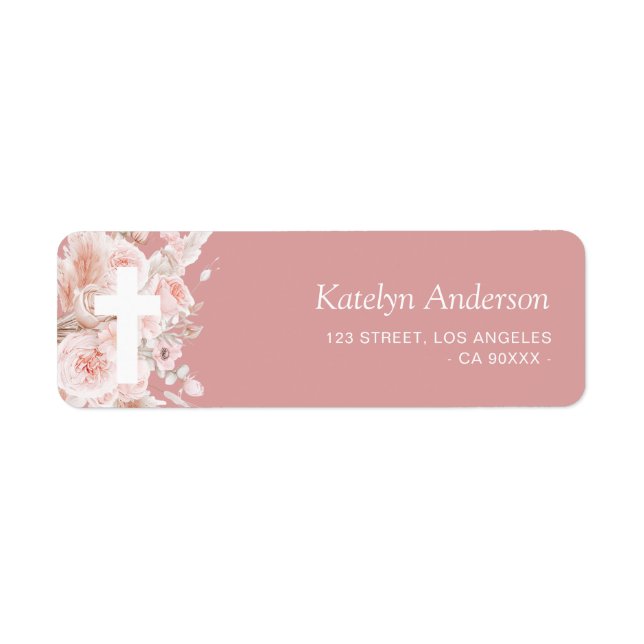 Étiquette boho dusty rose floral baptême adresse (Devant)
