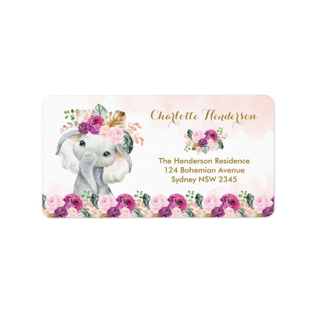 Étiquette Boho Elephant Blush Purple Floral Wild Animal (Devant)