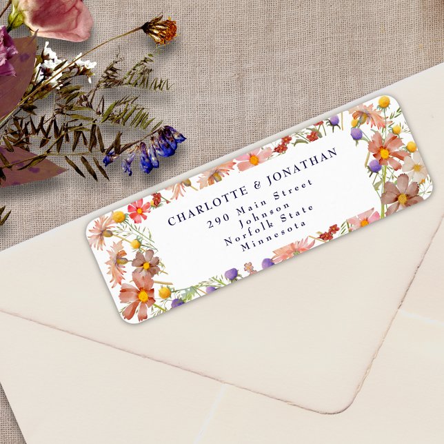 Étiquette Boho Fleur de Fleur Navale Bleu Blanc Mariage (Boho fall rustic wildflower floral burnt orange navy blue white wedding return address label sticker)