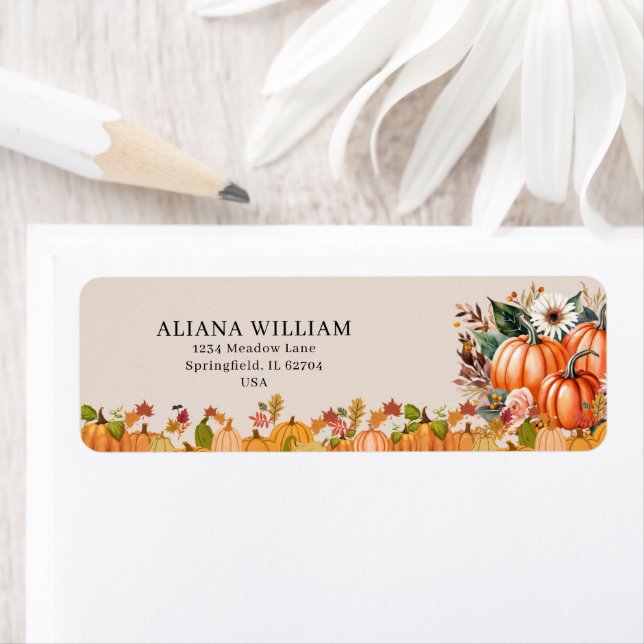 Étiquette Boho Floral Pumpkin Baby Shower Return Address (En situation)