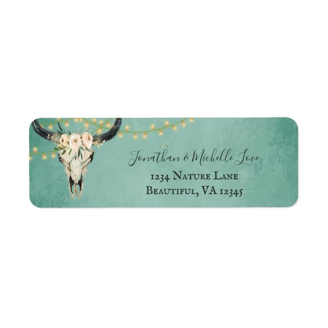 Étiquette Boho Floral Skull, String Lights Turquoise Adresse (Devant)