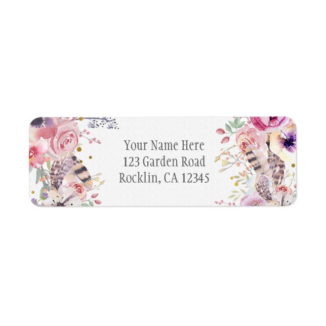 Étiquette Boho Glam Fleurs Bois de Cerf & Plumes Rustique (Devant)