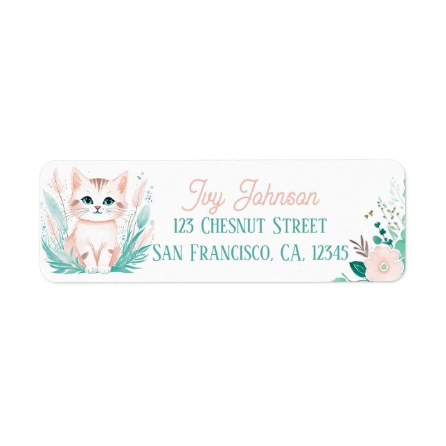 Étiquette Boho Mint Green Kitten Retourner l'adresse Étiquet (Devant)