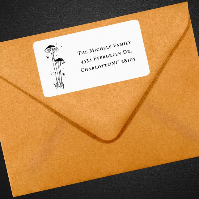 Étiquette Boho moderne noir & blanc Retro Champignons Adress (Créateur téléchargé)