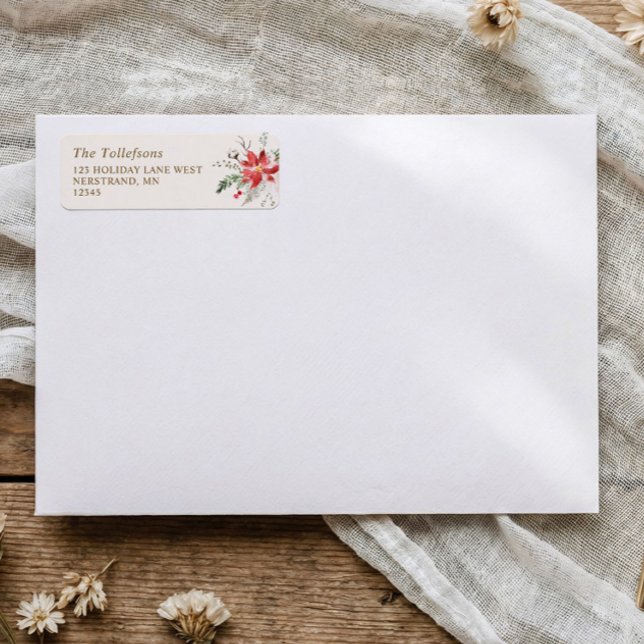 Étiquette Boho Noël Élégant Bois Adresse de Retour (Elegant Christmas card - holiday return address labels with watercolor poinsettia and greenery.)