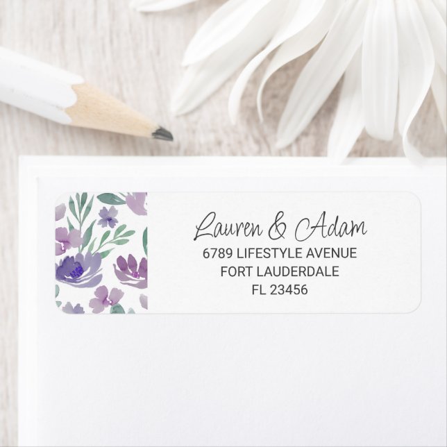 Étiquette Boho Purple floral & Calligraphie Mariage (En situation)