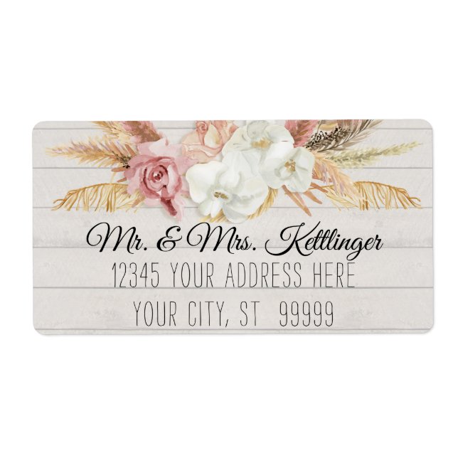 Étiquette Boho Rustique Pampas Palm Blush Floral Vert Bois (Devant)