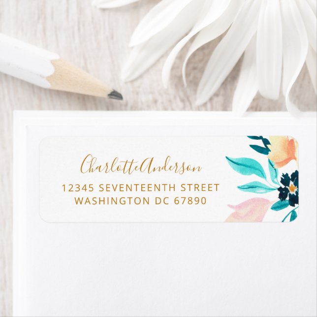 Étiquette Boho Turquoise Gold Watercolor Flowers Adresse de  (En situation)
