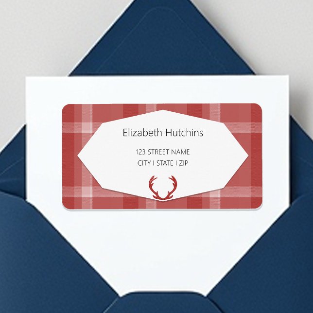 Étiquette Bois de cerf plaid rustique rouge (Créateur téléchargé)