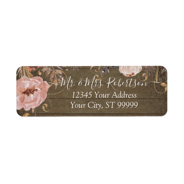 Étiquette Bois rustique Aquarelle rose rose Rose or Floral (Devant)