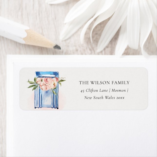 Étiquette Boîte aux lettres bleu floral Nous avons Déplacé l (En situation)