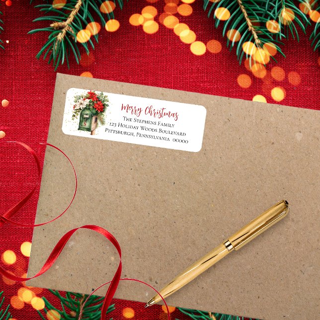 Étiquette Boîte aux lettres de Noël Floral Monogramme (Elegant Holiday "Merry Christmas" Mailbox Poinsettia Floral Return Address Label)