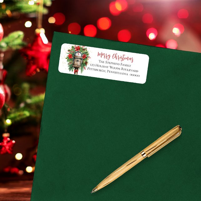 Étiquette Boîte aux lettres de Noël Floral Monogramme (Elegant Christmas "Merry and Bright" Mailbox Poinsettia Floral Return Address Label)