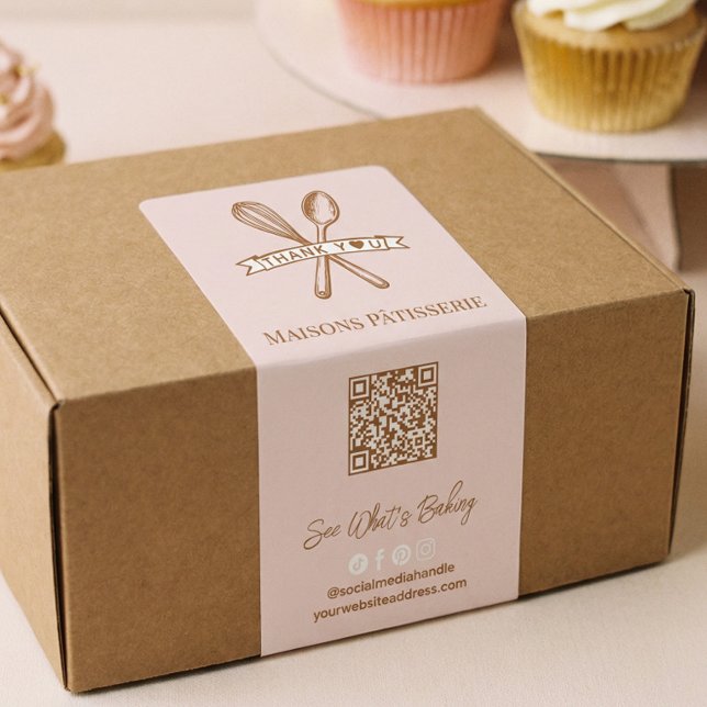 Étiquette Boîte de boulangerie à code QR Chic Rose Fouet Cui (Chic Pink Whisk Spoon Thank You QR Code Bakery Box Label)