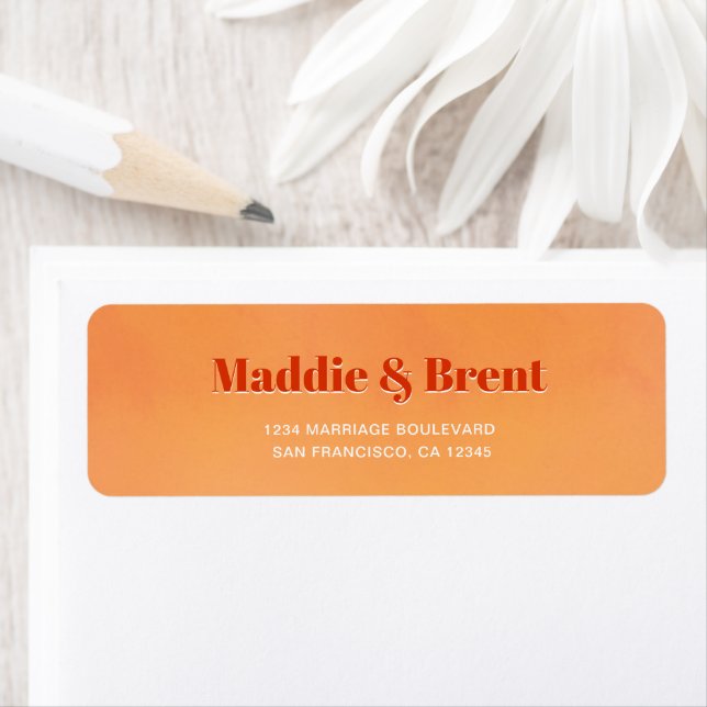 Étiquette Bold Chic Orange Watercolor Sunset Wedding Address (En situation)