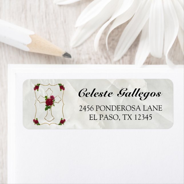 Étiquette Bonita Bautisma de Niñas Con Cruz de Oro Rosa Roja (En situation)