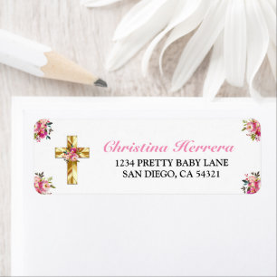 Étiquette Bonito Rosa Floral Oro Cruz Bautismo
