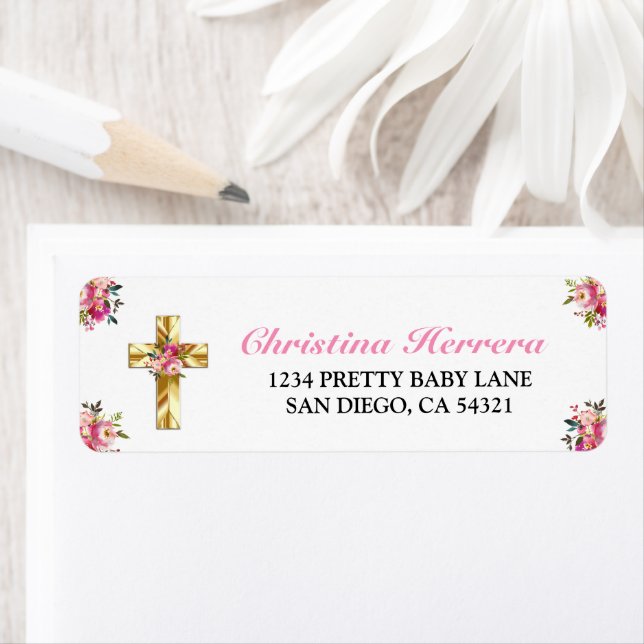 Étiquette Bonito Rosa Floral Oro Cruz Bautismo (En situation)
