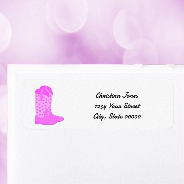 Étiquette Boots Cowboy Stars Rose Personnaliser Adresse de r (A return address label with a pair of pink cowboy boots with stars.  The text can be personalized!)