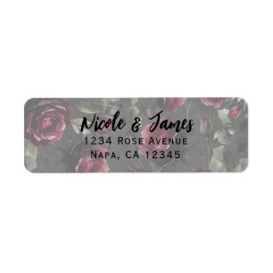 Étiquette Bordeaux Red Roses Shadowy Grey Floral Mariage