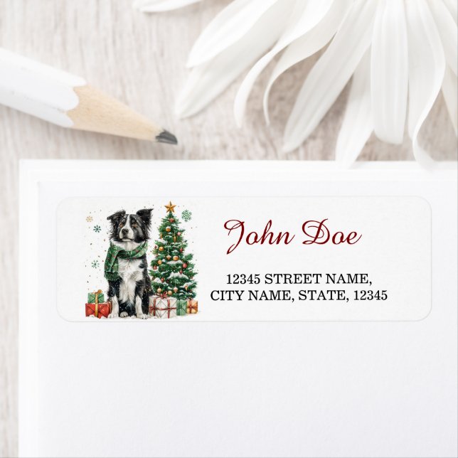 Étiquette Bordure Collie Noël Adresse de retour (En situation)