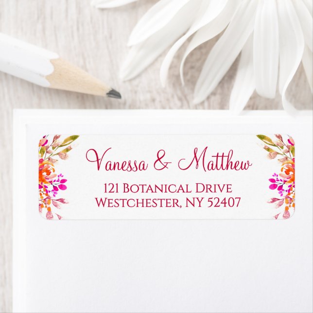 Étiquette Botanical Pink and Orange Wedding Return Address (En situation)