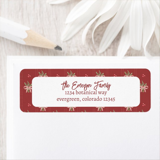 Étiquette Botaniques Rouge Rustique de Noël (Rustic Red Christmas Botanicals Return Address Label by Painted Paperie)
