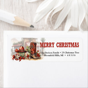 Étiquette Botte de cowboy rouge rustique de l'Ouest et Noël