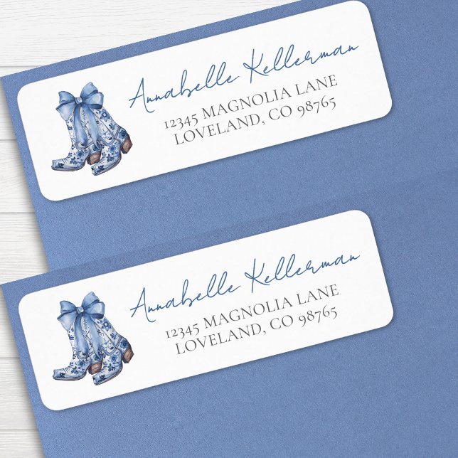 Étiquette Bottes de cowboy de campagne avec adresse de retou (Country Blue Bow Cowboy Return Address label)