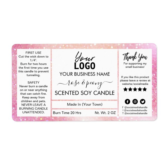 Étiquette Bougie De Soja Parfumée Rose Glittery (Devant)