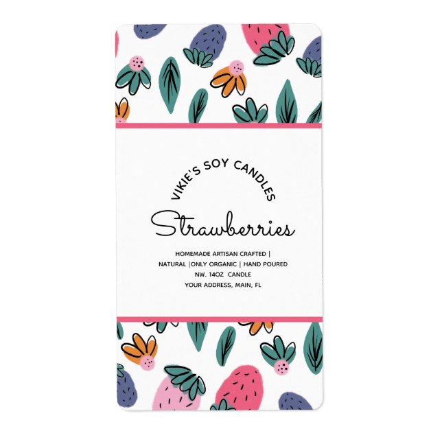 Étiquette Bougies Faîtes Maison Motif Fraises (Devant)