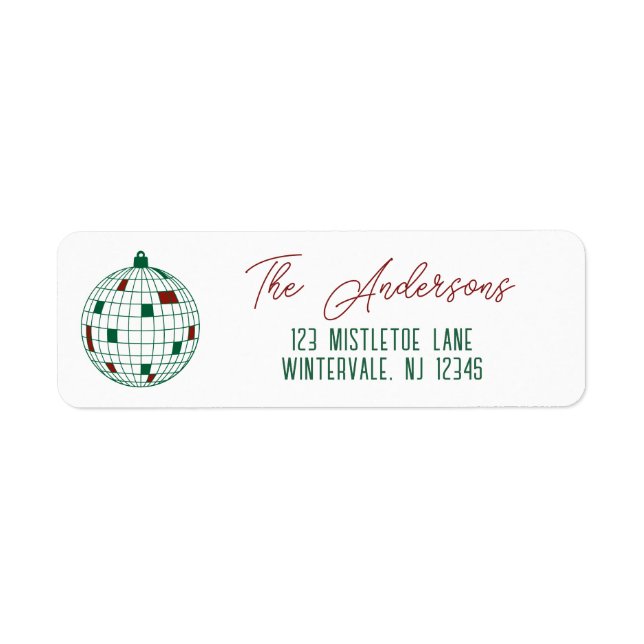 Étiquette Boule de disco de Noël verte et blanche Adresse de (Devant)