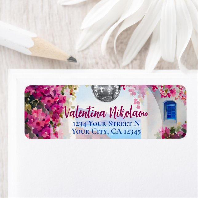 Étiquette Boule Disco Fleurs Roses Île Méditerranéenne (En situation)