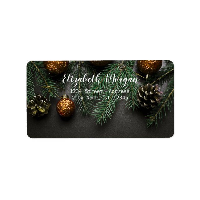Étiquette Boules de Noël élégantes, branche de pin (Devant)