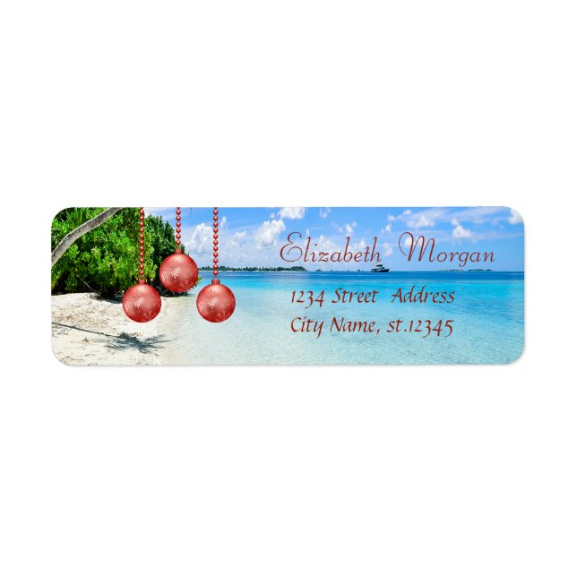 Étiquette Boules de Noël élégantes sur fond de plage (Devant)