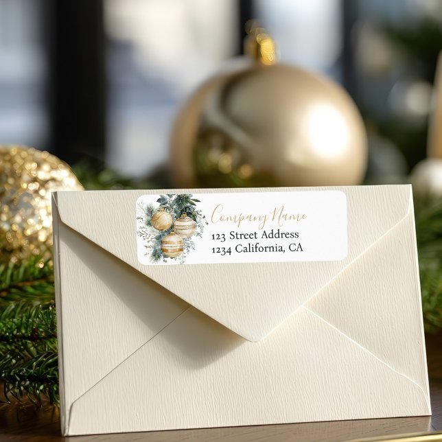 Étiquette Boules de Noël en Or Élégantes pour Entreprise de  (Elegant Gold Baubles Greenery Christmas Corporate Label)