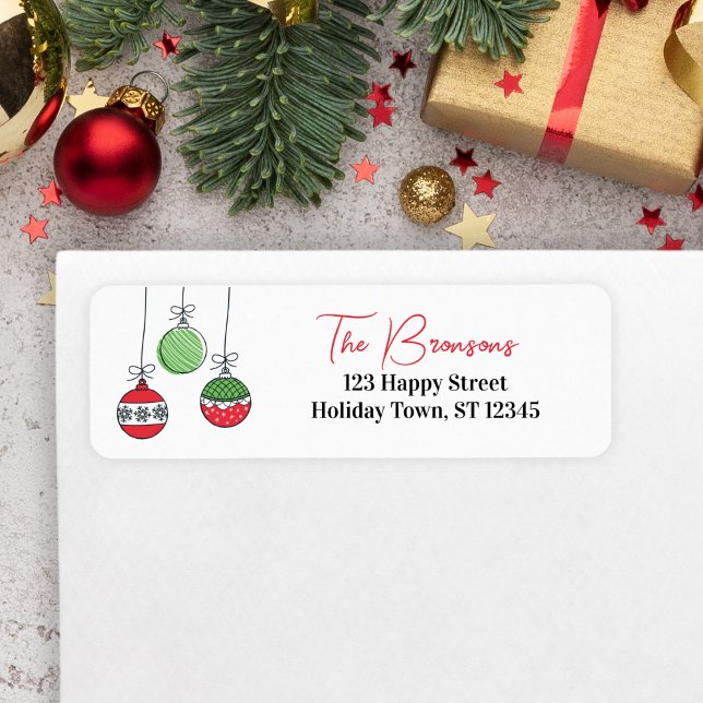 Étiquette Boules de Noël Rétro (Ornament Return Address Label for Christmas Cards)