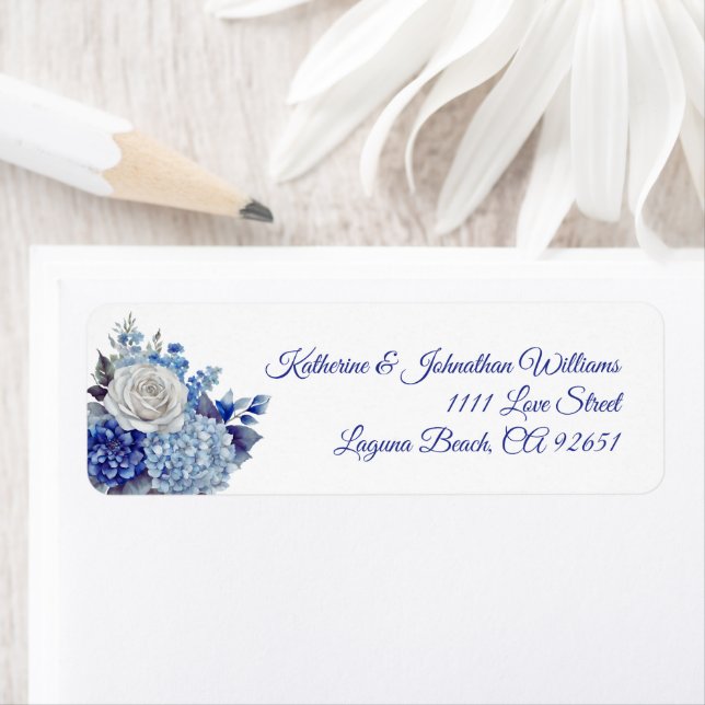 Étiquette Bouquet de fleurs bleu aquarelle-Mariage (En situation)