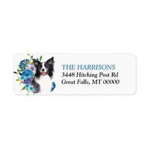 Étiquette Bouquet Floral Bleu Border Collie