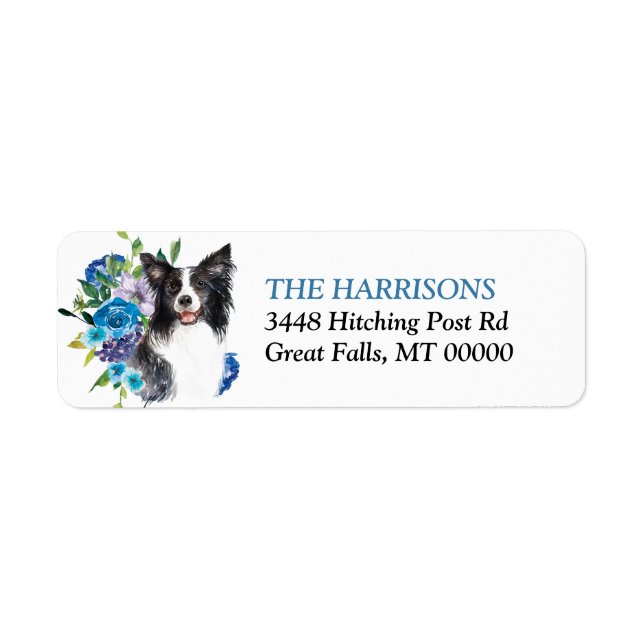Étiquette Bouquet Floral Bleu Border Collie (Devant)